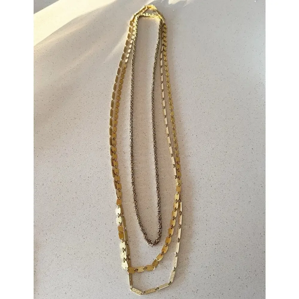 Three Gold Tone Vintage Art Deco Long Strand Chain Necklaces